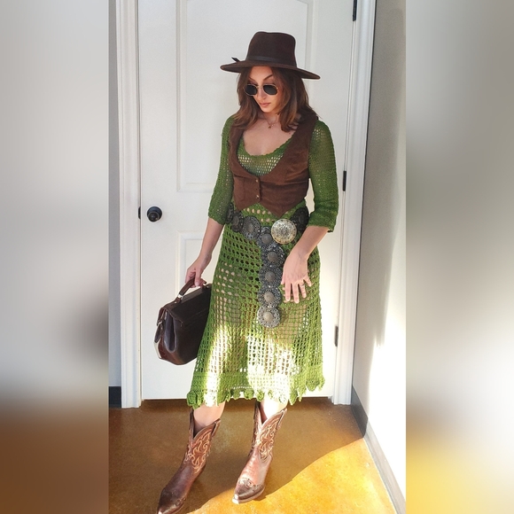 Green crochet midi western dress flare dress fall Fashion cowgirl medium crochet - Picture 3 of 7